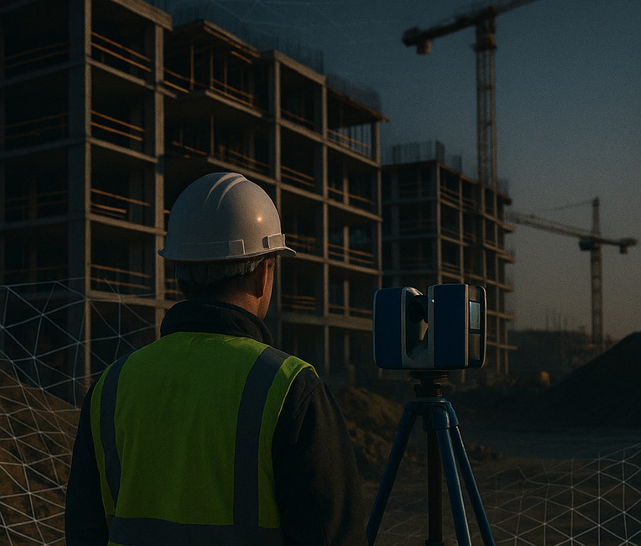 Surveyor at night scanning a construction site